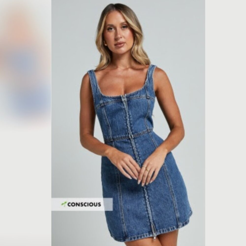 Chrysoula Mini Dress - Square Neck Zip Front Sleeveless Bodycon Denim in Mid Blu